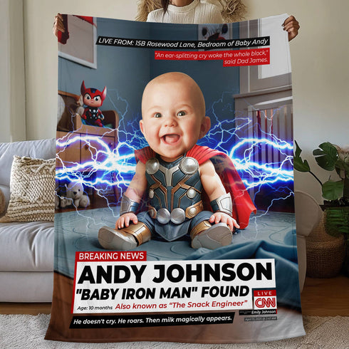Personalized Baby Superhero Thor Blanket – CNN Breaking News Style with Custom Photo & Name
